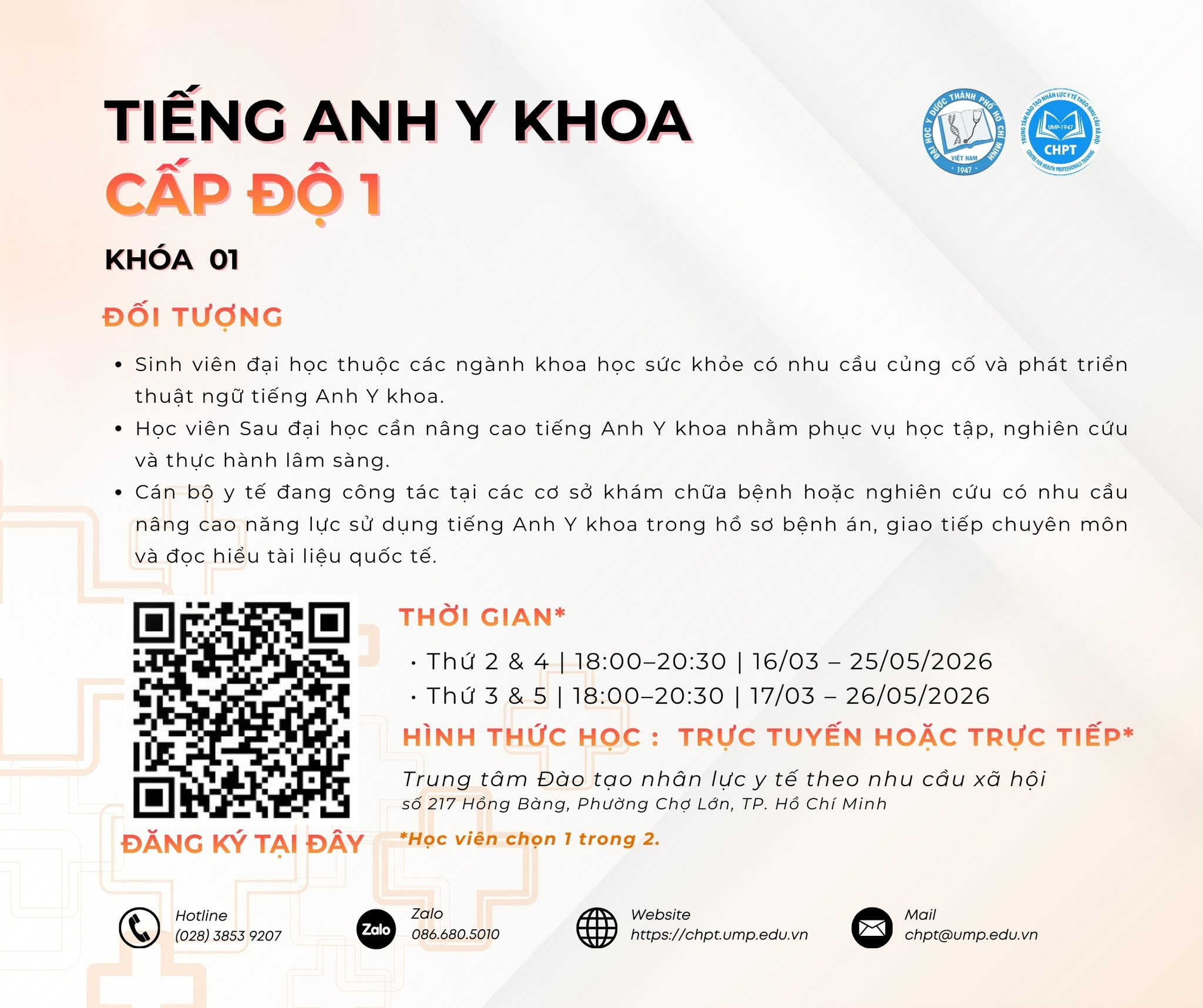 TIẾNG ANH Y KHOA CẤP ĐỘ 1, KHÓA 01